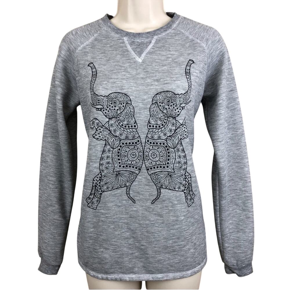 Freeze Gray Sweatshirt with Black Henna Style Elephant Graphic Front Lightweight